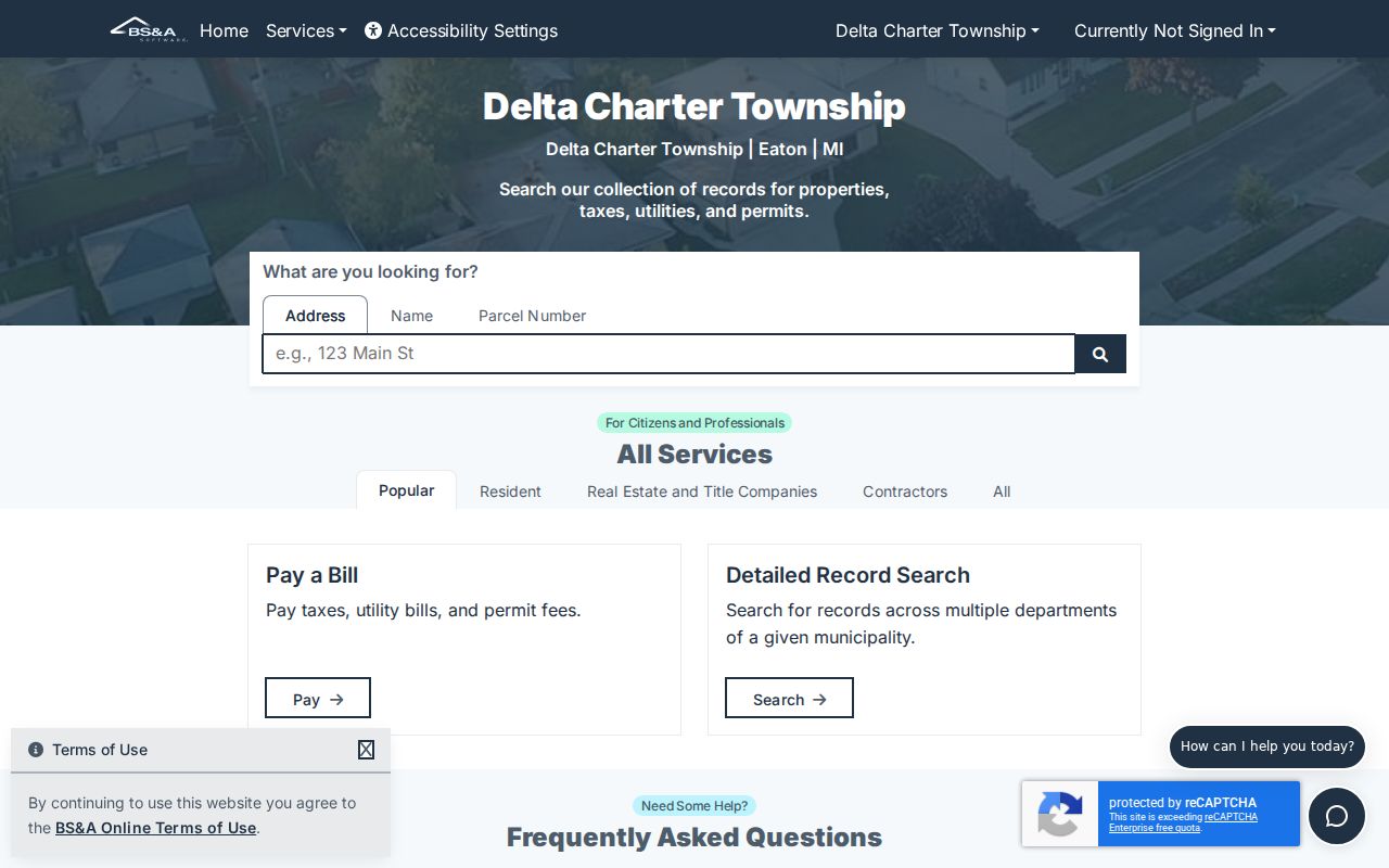 Delta Township residents directory property search on the BS&A portal